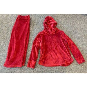 2 Piece Pajamagram Lounge Set Velour Hoodie Wide Leg Pants Maroon XL